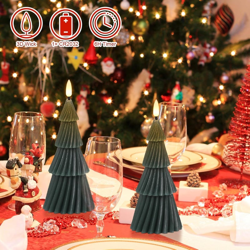 DRomance Christmas Tree Flameless Candles with 6 Hour Timer, Battery Operated LED Flickering Candle Lights Real Wax Vertical Stripe 3D Wick X-mas Dinner Tabletop Holiday Indoor Decoration(3"D x 7.1"H) - Image 4